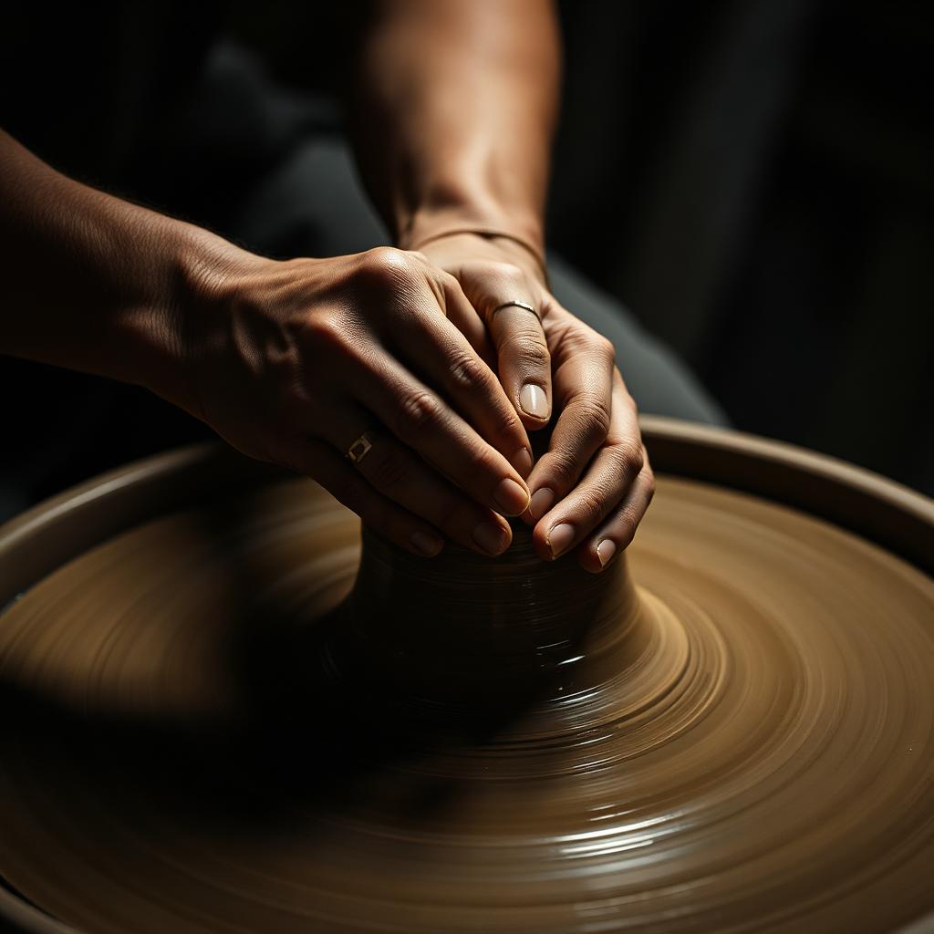 Bàn tay nghệ nhân Bát Tràng đang tạo hình gốm trên bàn xoay